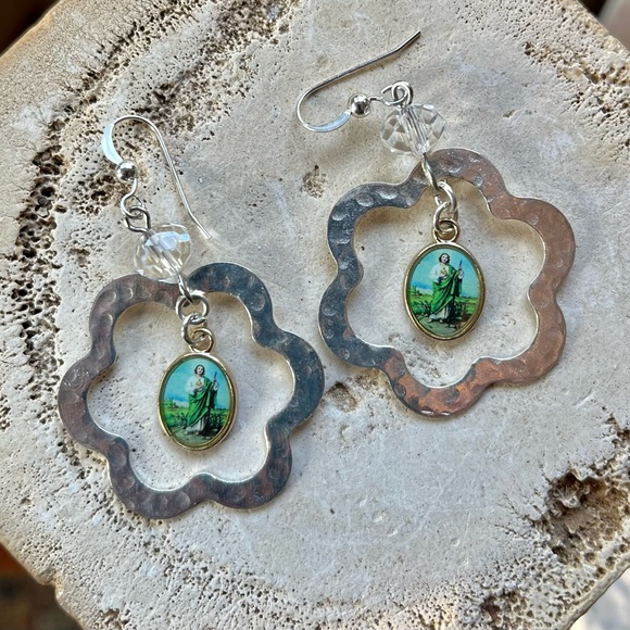 SOLD St. Jude Hammered Silver Dangle Earrings - Picture 14 of 16